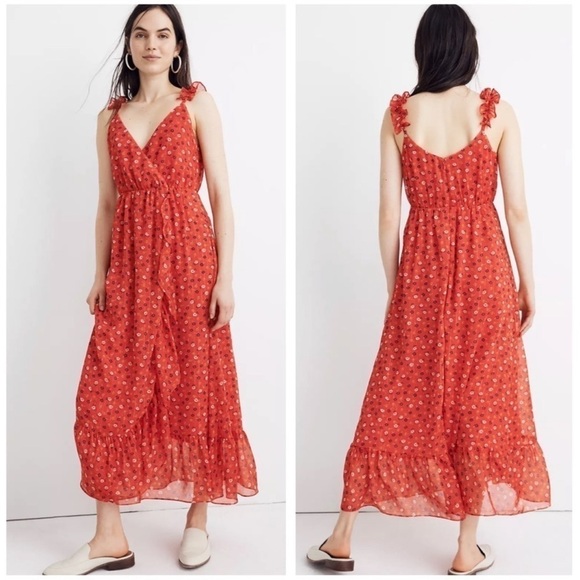 Madewell Dresses & Skirts - Madewell Ruffle Strap Wrap Dress Metallic Stripes Prairie Posies Red Floral